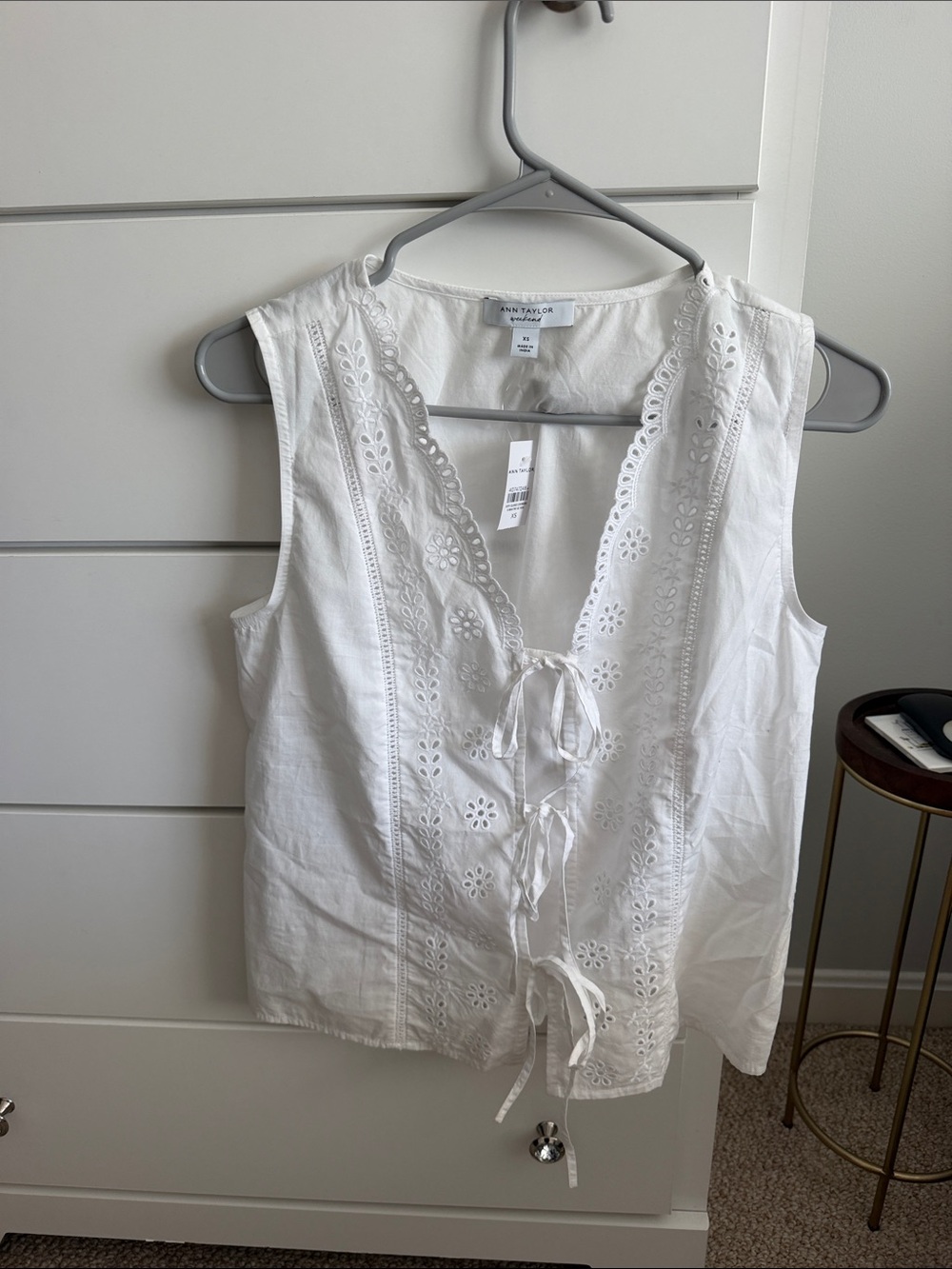 Ann Taylor White Eyelet Tie-Front tank